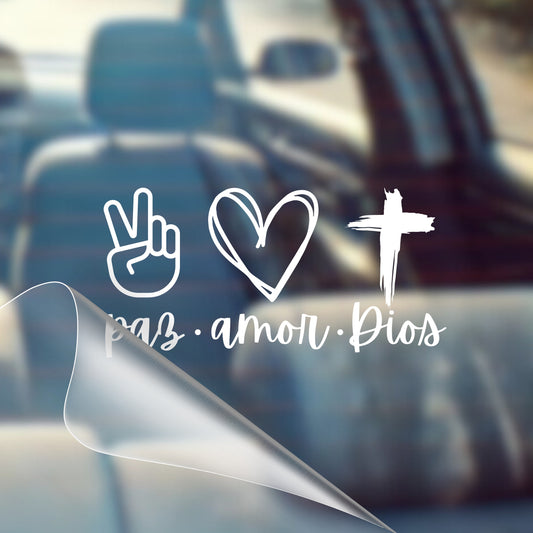 Paz Amor Dios - Car Decal Vinyl Bumper Sticker - Faith, Hope, Love, Jesus, Bible Verse, Christian Quotes, Church, Cross, Religious, Worship