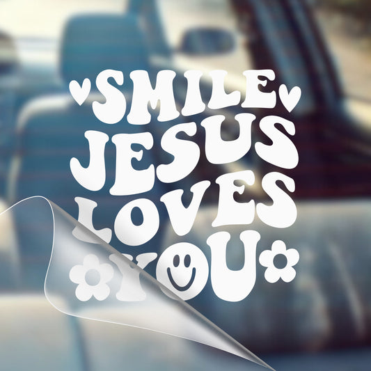 Smile Jesus Loves You - Car Decal Vinyl Bumper Sticker - Faith, Hope, Love, Jesus, Bible Verse, Christian Quotes, Church, Cross, Religious, Worship