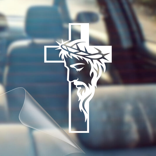 Cross with Jesus Face - Made in the USA - Car Decal