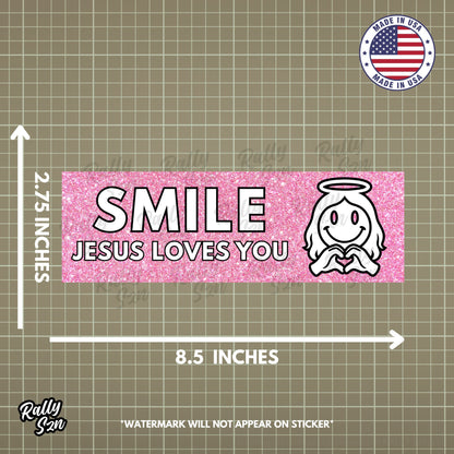 Smile Jesus Loves You (Pink) - Christian Bumper Sticker for Car, Wall, Window, Vehicle, Weather Resistant, UV Laminated