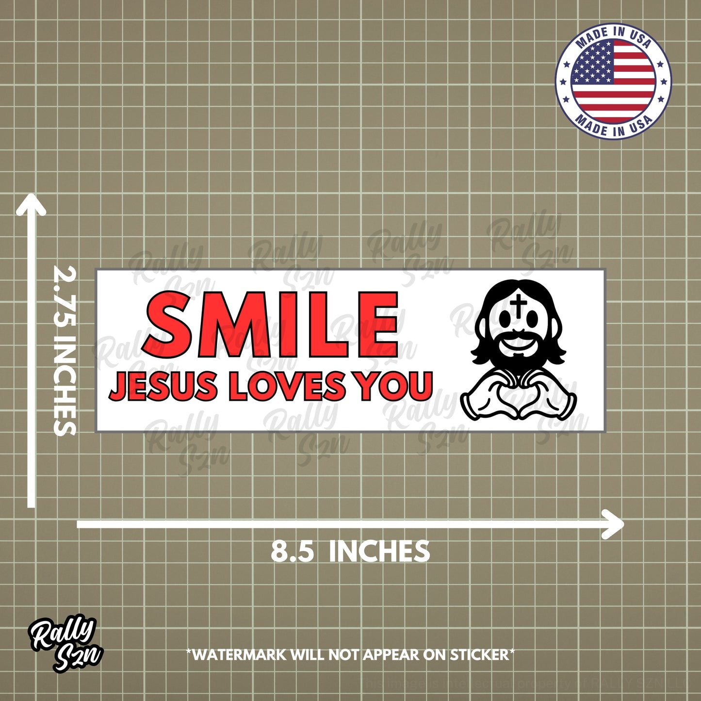 Smile Jesus Loves You (Red) - Christian Bumper Sticker for Car, Wall, Window, Vehicle, Weather Resistant, UV Laminated