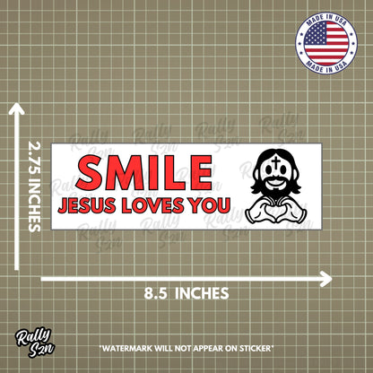 Smile Jesus Loves You (Red) - Christian Bumper Sticker for Car, Wall, Window, Vehicle, Weather Resistant, UV Laminated