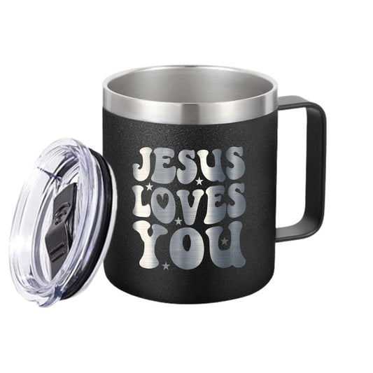 Jesus Loves You – 14 oz Stainless Steel Coffee Mug with Lid - RallySZN™ Gifts and More!